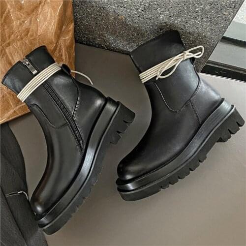 Women New Handmade Genuine Leather High Platform Black Roundtoe Cow Leather Short Boots Thick Sole Side Zip Womens Ankle Shoes