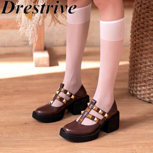 Drestrive Women Pumps Rivet Platform Cow Leather Mary Janes Round Toe Thick High Heel Shoes 2021 Autumn Fashion Shoes Black