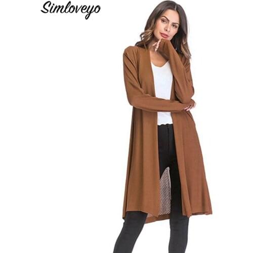 SIMLOVEYO 2019 spring and autumn new Arrival womens long style v-neck cardigan loose knitted sweater coat solid color Khaki