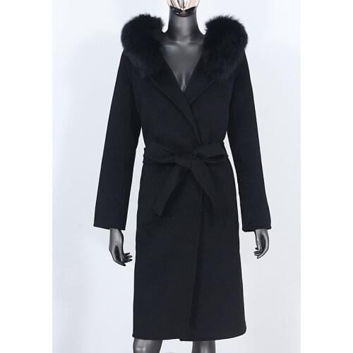 CXFS 2021 New Real Fur Coat Winter Jacket Women Natural Fox Fur Collar Hooded Cashmere Wool Blends Long Outerwear Streetwear