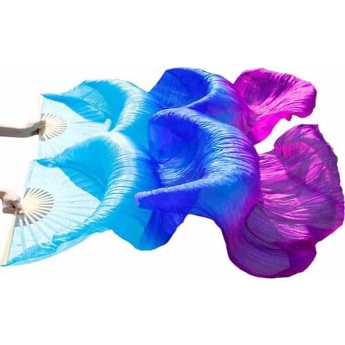 1Pair 100% Silk Dance Fans Bamboo Ribs Stage Performance Props Dyed Fans Women Belly Dance Silk Fans Turquoise+Royal bule+Purple