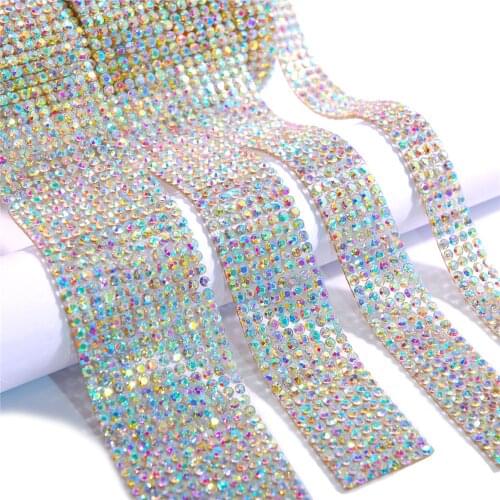 1 Yard Super Shiny AB Clear Glass Hot Fix Rhinestone Strip Crystal Glass Flat Back Grid Trim For Wedding Bridal Dress Decoration