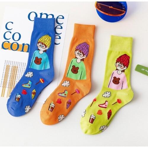 3pairs Lot Women Casual Cartoon Cotton Socks Kawaii Girls Funny Happy Cute Socks Streetwear