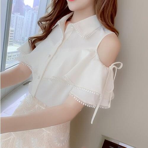#8298 Summer Off Shoulder Blouse Shirt Women White Sexy Slim Casual Chiffon Shirts Blouses Spliced Ruffles Ladies Tops Workwear