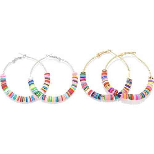 Bohemian Multicolored Polymer Clay Heishi Beaded Hoop Earrings High-polish Fashion Colorful Summer Nice Noticeable Jewelry Gift