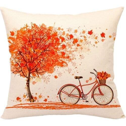 Happy Autumn Tree Maple Leaf Bicycle Pillow Cover Scenic Home Pillowcase Linen Blend Pillow Case 18x18 inchs