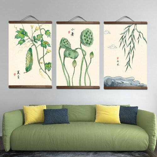 Chinese style plant landscape Decorative Picture Canvas Painting poster Wall Art with wood hanging scrolls for living room