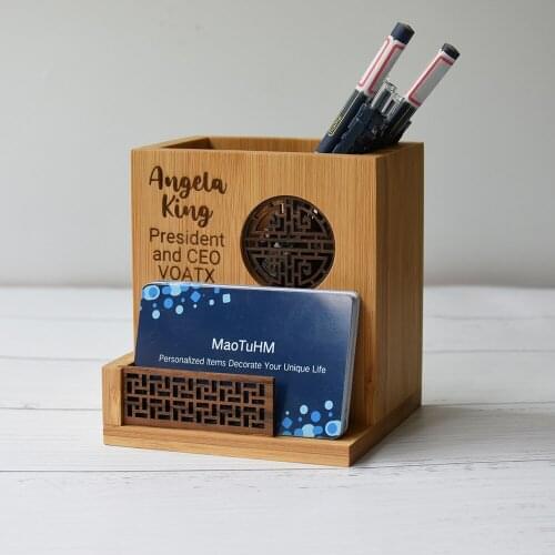 MaoTu Personalized Bamboo Wooden Pen Holder for Desk Office Home Desk Organizer