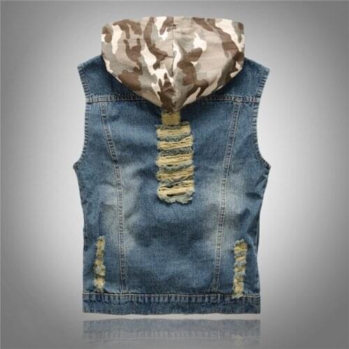Autumn New Fashion Hooded Vests Men Streetwear Distressed Slim Vintage Washed Mens Denim Coat Zipper Casual Jacket Man Outwear