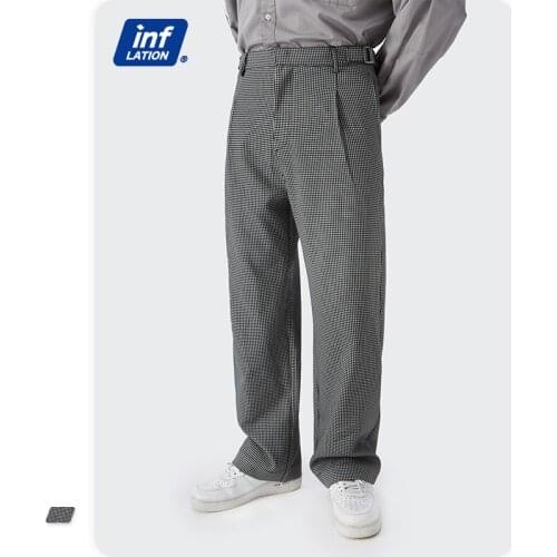 INFLATION Casual Straight Pants With Belt Men Korean Style Plaid Suit Pant 2021 Fashion Loose Fit Zipper Trousers Male
