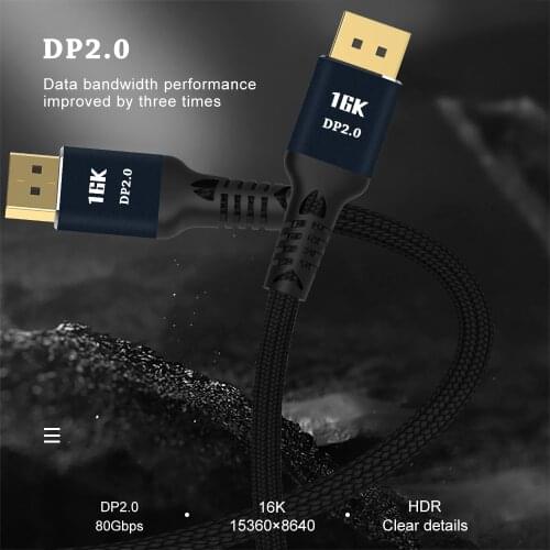 DisplayPort 2.0 Cable 16K@60Hz 4K@165Hz High Speed 80Gbps Display Port Adapter For Video PC Laptop DP 2.0 Display Port Cable HDR