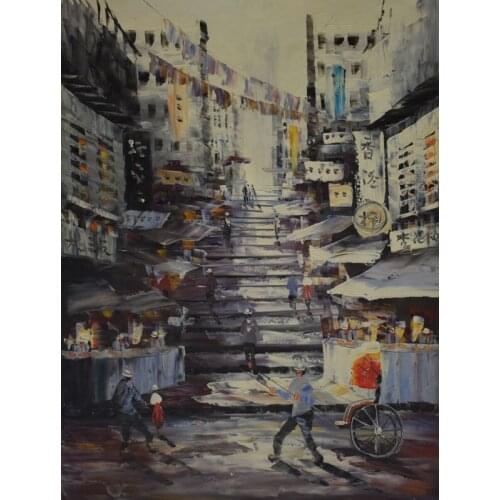 Knife Oil Painting Hand Painted Old HongKong Street Landscape Wall art picture Home Decor Modern Canvas Painting