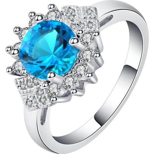 UFOORO Silver Ring Classic Fashion Jewelry For Women Sky Blue Crystal With Mirco Cubic Zircon Dress Rings Fashion Gift