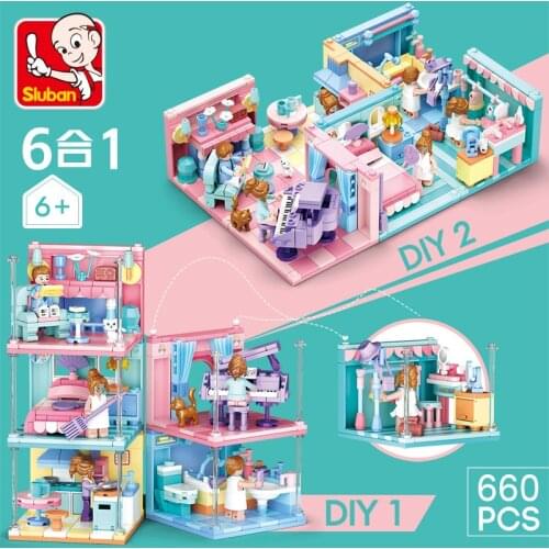 Sluban 6 IN 1 blocks compatible friends house bedroom Piano Roommodel building Kids educational toys creator city girls' blocks