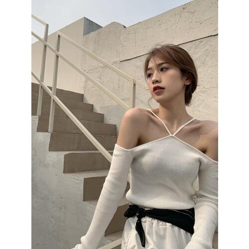 Korean Fashion Hit Style Desigual Sweter Sexy Off Shoulder Long Sleeve Top Knitted Sweater Pullover Summer 2021 Womens Clothing