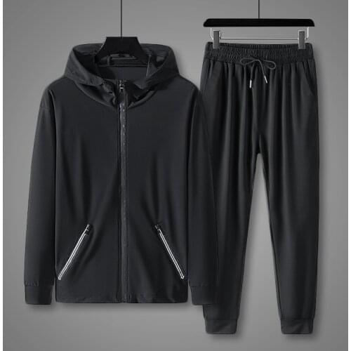 Summer large size hooded two-piece suit ice silk suit sunscreen suit quick-drying thin trend running sports suit men