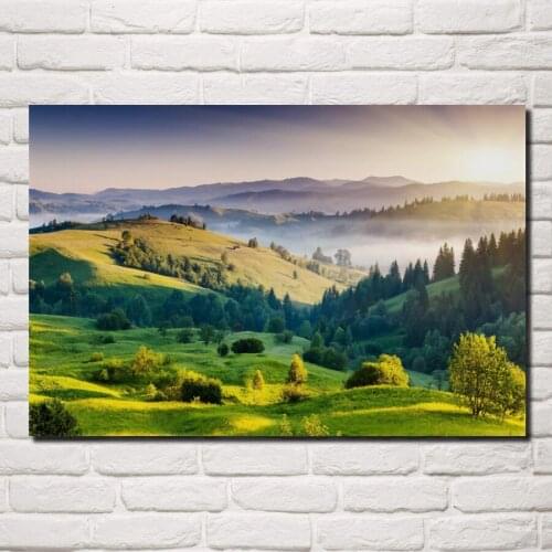 Beautiful hills trees foliage fog sunrise nature landscape Living room home decor wall art print wood frame fabric posters KC964