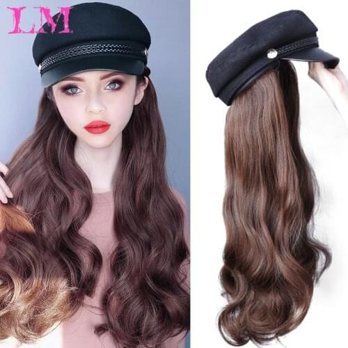 LiangMo Military Vintage Beret Hats Wig Long Wavy Synthetic Hair Extensions With Navy Cap Wig All-in-one Black Navy Hat