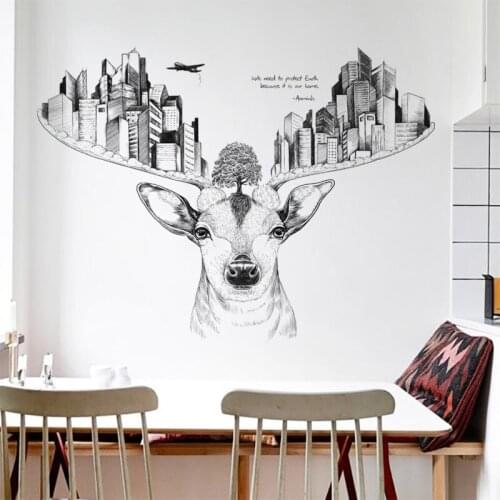 Deer Head Wall Stickers for Living Room Bedroom Animals Sofa Background Home Decor Creative Hand-painted Sketch Wall Decals