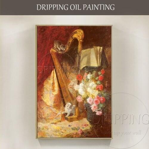 Excellent Artist Hand-painted High Quality Kittens by a Harp Oil Painting on Canvas Reproduction Charles Monignot Oil Painting