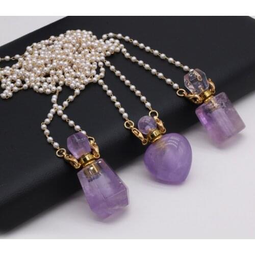 Amethyst Natural Semi-precious Stone Perfume Bottle Pendant Necklace Ladies Party Wear Holiday Gift Freshwater Pearl Chain 80CM