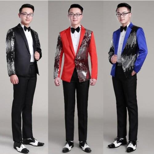 Singer dance stage clothing for men sequins suit set with pants mens wedding suits costume groom formal dress tie black red blue