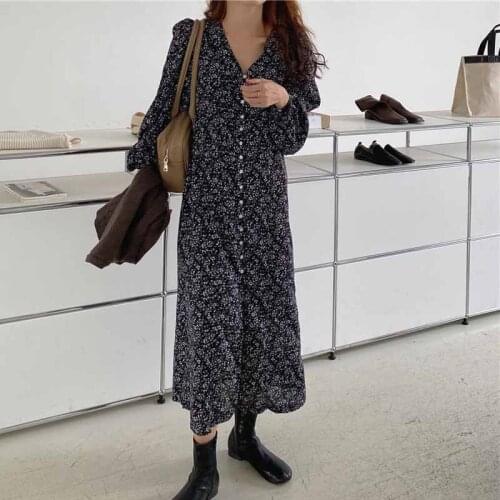 Long-sleeved Korean Print Dress for Women Split Long Dresses Vintage Single-breasted Floral V-neck Mid-length Party Dress 11664