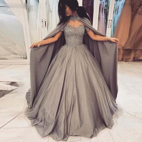 2020 Grey Ball Gown Prom Dresses with Cape Off the Shoulder Appliques Sequined Make Up Gowns Puffy Skirt Pleat Pageant Dress
