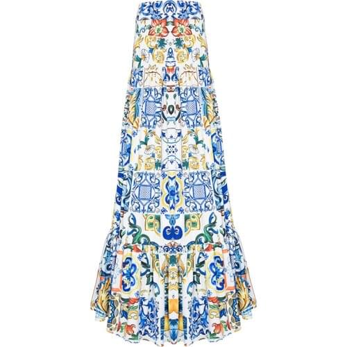 High quality 2021 new fashion summer long skirt Womens elegant blue and white porcelain print bohemian casual Maxi skirt