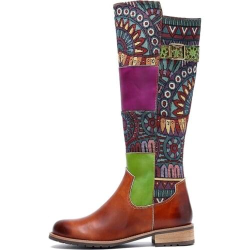 Vintage Splicing Printed Ankle Boots For Women Shoes Woman Printing Genuine Leather Block 4CM Square High Heels Women Boots