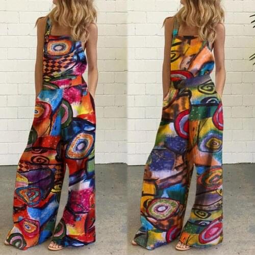Women Rompers 2021 Summer Abstract Oil Painting Print Jumpsuits Sleeveless Wide Leg Waist Romper Overalls комбинезон женский
