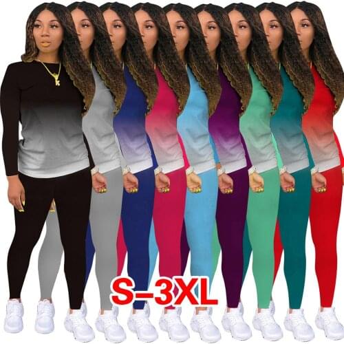 CM.YAYA Sport Gradient Women Two Piece Set Long Sleeve Tee Tops Skinny Sweatpants Jogger Suit Tracksuit Matching Set Outfits