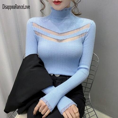 2021 Autumn Fashion Women Ladies Turtleneck Soft Knitted Lace Sweater Knit Ribbed Jumper Clothes Femme Korean Pull clothes