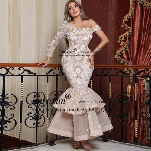 Saudi Arabia Fashion Mermaid Evening Dress Lace One Shoulder Long Sleeves Prom Dresses Middle East Ankle Length Formal Gowns
