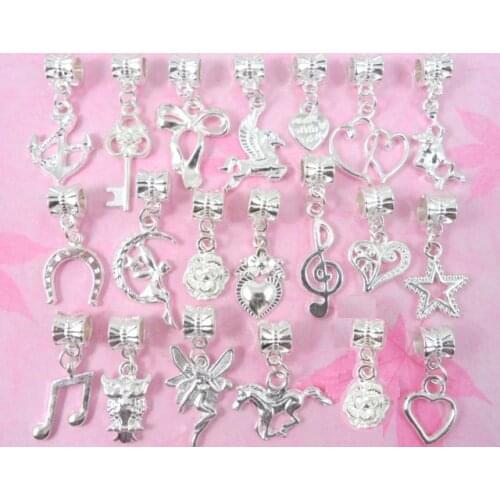 100 pcs /Lot Mix Shiny Silver Color Horse Shoes Heart Key Flower Owl Dangle Charms Jewelry Findings Fit European Bracelet SSY02