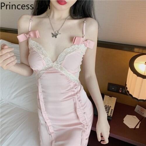 2021 New Fashion Lace Stitching Sling Dress Sexy Deep V Neck Bow Strap Mini Pink Dress Vestidos Sleeveless Slim Club Party Dress