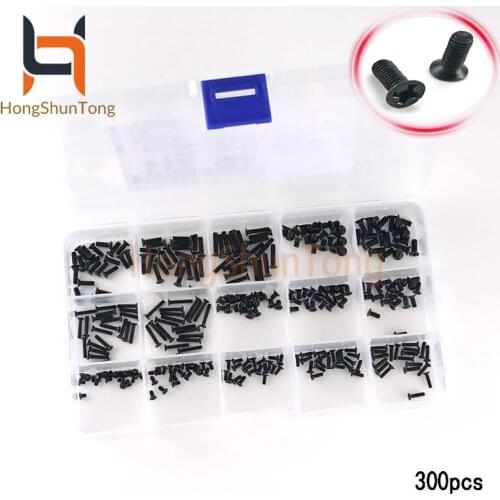 300pcs countersunk flat head mini screw set m2 m2.5 m3 carbon steel computer notebook laptop screws kit Black screws Boxed