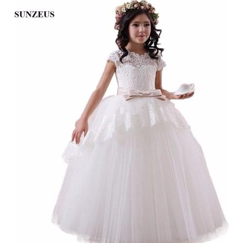 Ball Gown Cap Sleeve Appliques Flower Girl Dress With Bow Puffy Long Children Party Gowns Wedding abito cerimonia bambina FLG089