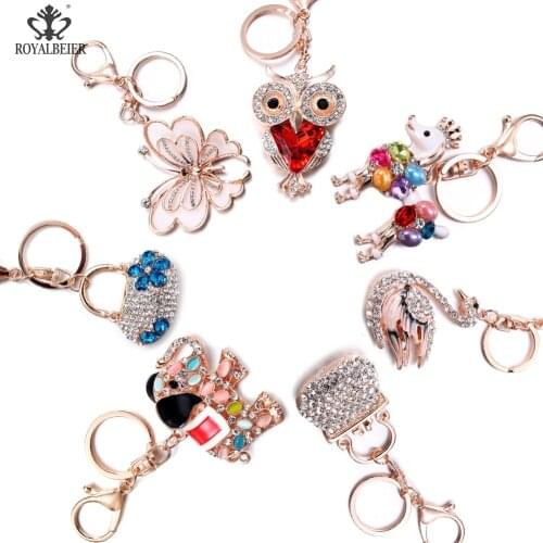 RoyalBeier Owl Keyrings Eye Metal Rhinestone Keychain Elephant Key and Bags DIY Decoration Jewelry Pink Beer Key Chain For Women