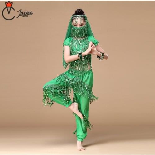 Indian Dance for Children 5 pieces Costume Set (Top,Belt,Pants,face veil and HeadPieces) Bollywood Dance Costumes for Girls