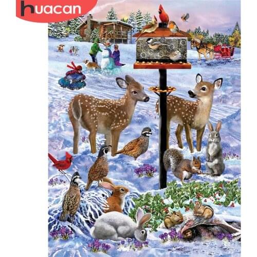HUACAN 5D Diamond Painting Deer Cross Stitch Full Square Round Diamond Embroidery Animal Diamond Mosaic Winter Christmas Gift