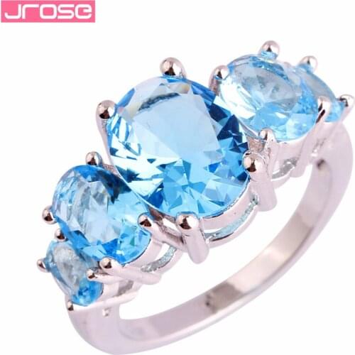 JROSE Engagement Art Deco Created Blue CZ Silver Plated Ring Size 6 7 8 9 10 11 12 13 Wholesale For WomenMen Jewelry Gorgwous