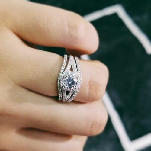 Solid Silver Wedding Ring Set O Finger anel de diamante CZ Zircon anel for Women Couple Ring Sets LR236CS