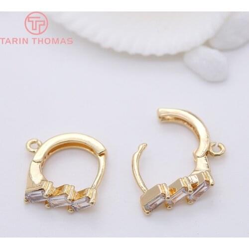 4PCS 14MM 24K Gold Color Plated Brass with Zircon Round Earrings Hoop Earring Clip High Quality DIY Jewelry Making Findings