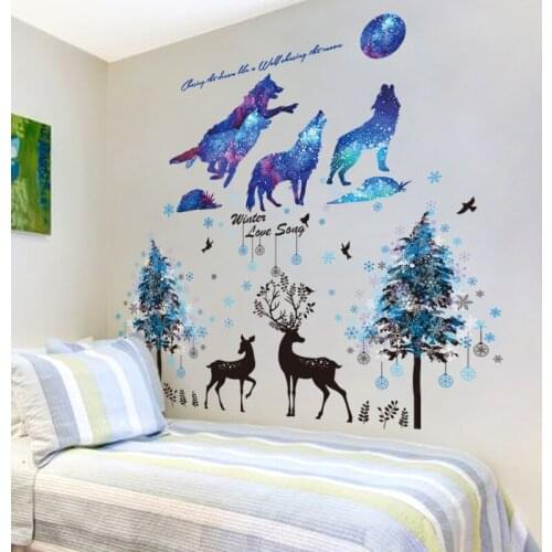 [shijuekongjian] Trees Deer Wall Stickers DIY Wolf Animal Mural Decals for Living Room Kids Bedroom Nursery House Decoration