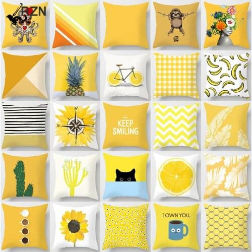 Yellow Cushion Cover Plaid Flower Letters Print Sofa Pillow Cases Bedroom Home Decor Car Office Decorative Accessories 45x45cm