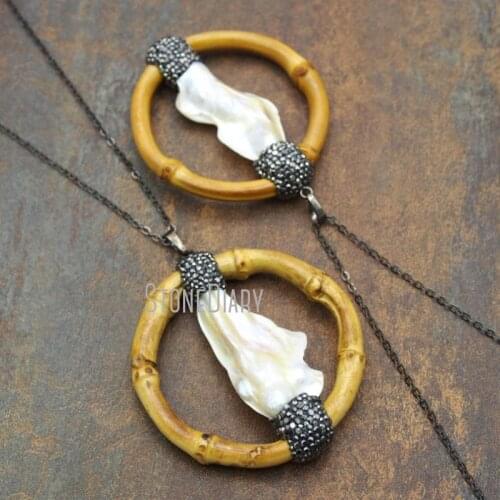 10Pcs Pearl Mineral Black Rhinestone Pave Gunmetal Plated Circle Chains Necklaces Bamboo Chains Necklaces 18-32inch NM15835