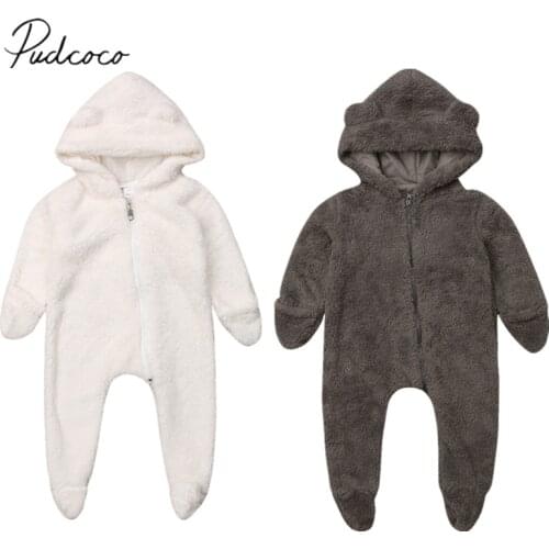 2018 Brand New Toddler Baby Girls Boys Fur Romper Bear Ears Hooded Zipper Solid Long Sleeve Jumpsuits Winter Warm Furry Romper