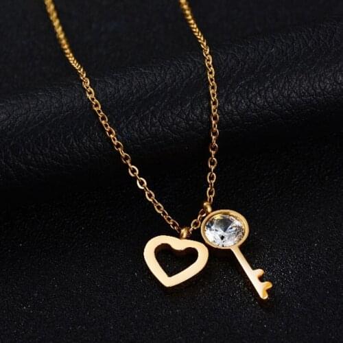 New Classical Promise Necklaces Fashion CZ Stone Heart Gold Pendants Stainless Steel Key Party Jewelry Chokers