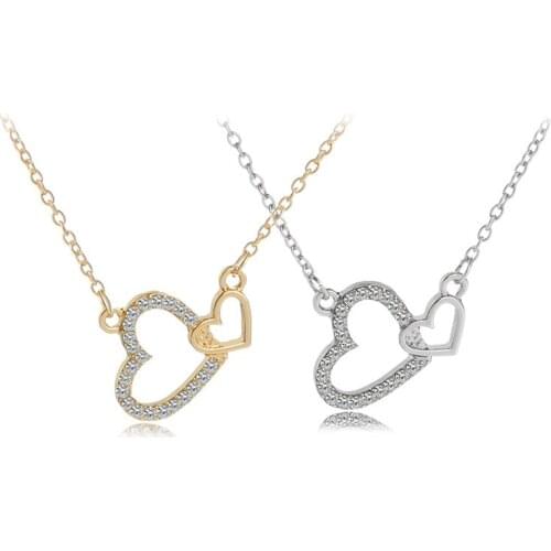 Fooderwerk Jewelry Creative Double Heart Stitch Pendant Female Necklace Zinc Alloy Gold And Silver Love Heart Crystal Necklace